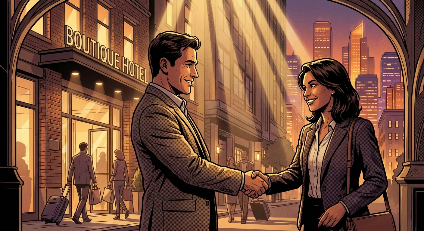 Business partnership handshake outside Boutique Hotel at sunset, RockN' Socials.