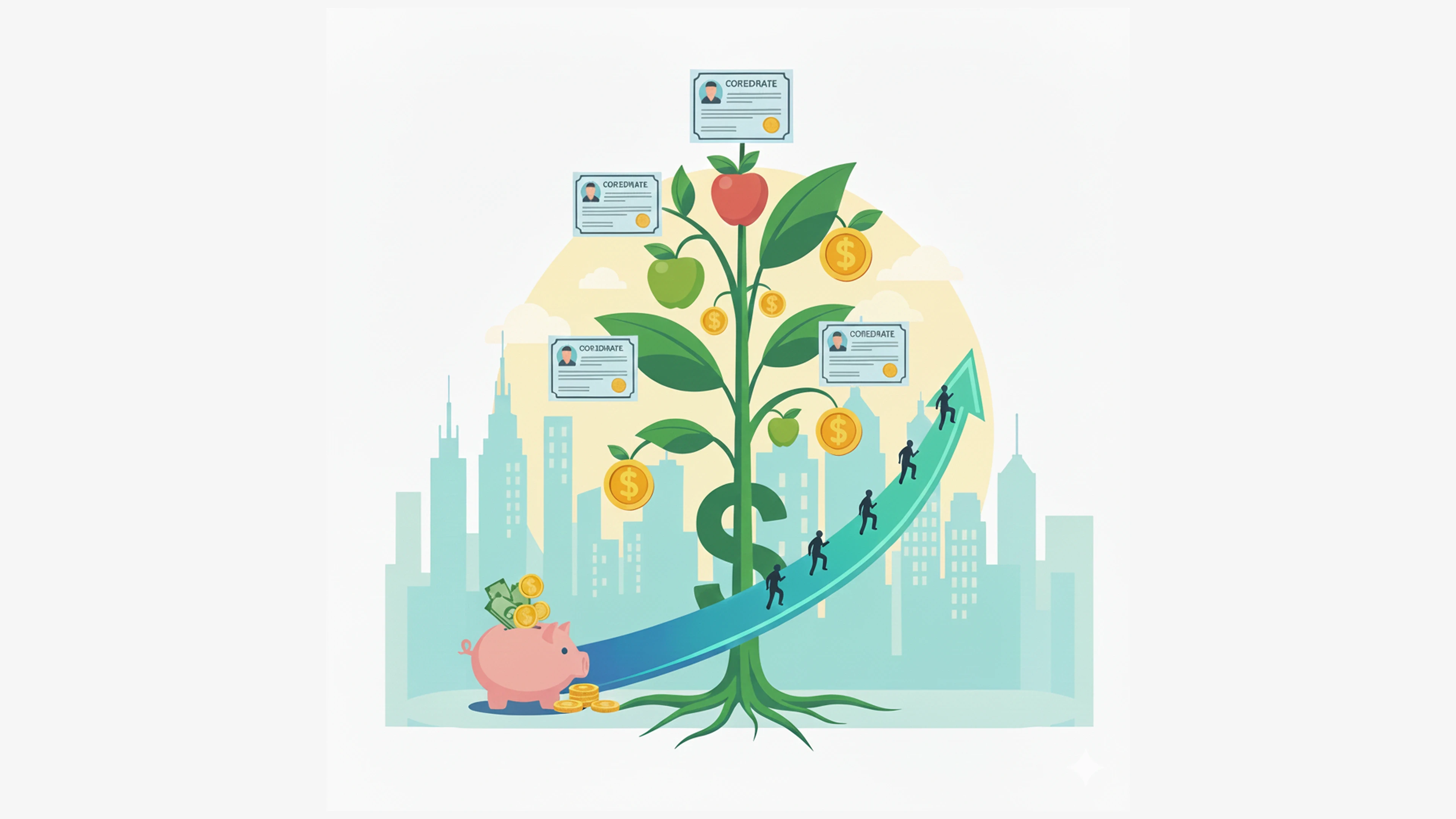 스톡옵션 비과세 혜택과 벤처기업 인증을 상징하는 성장 나무 일러스트 직원 인증서와 금화가 달린 나무와 상승 화살표로 표현된 기업 성장 전략