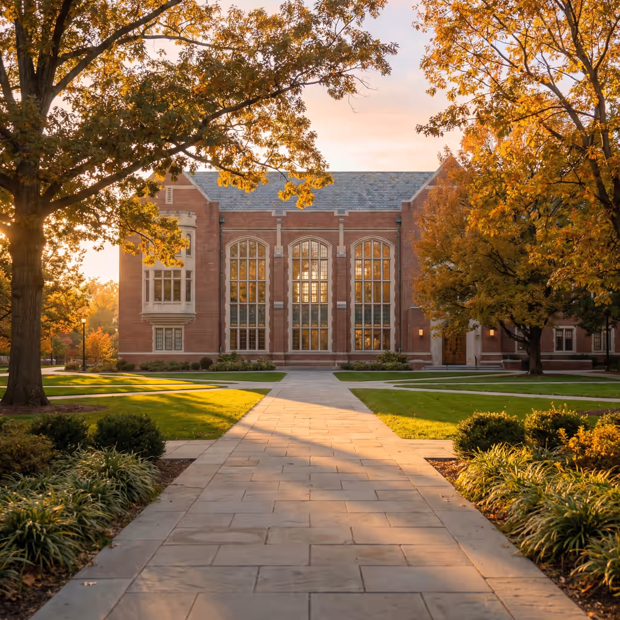 Brick university building with large arched windows along a stone walkway lined with autumn trees.