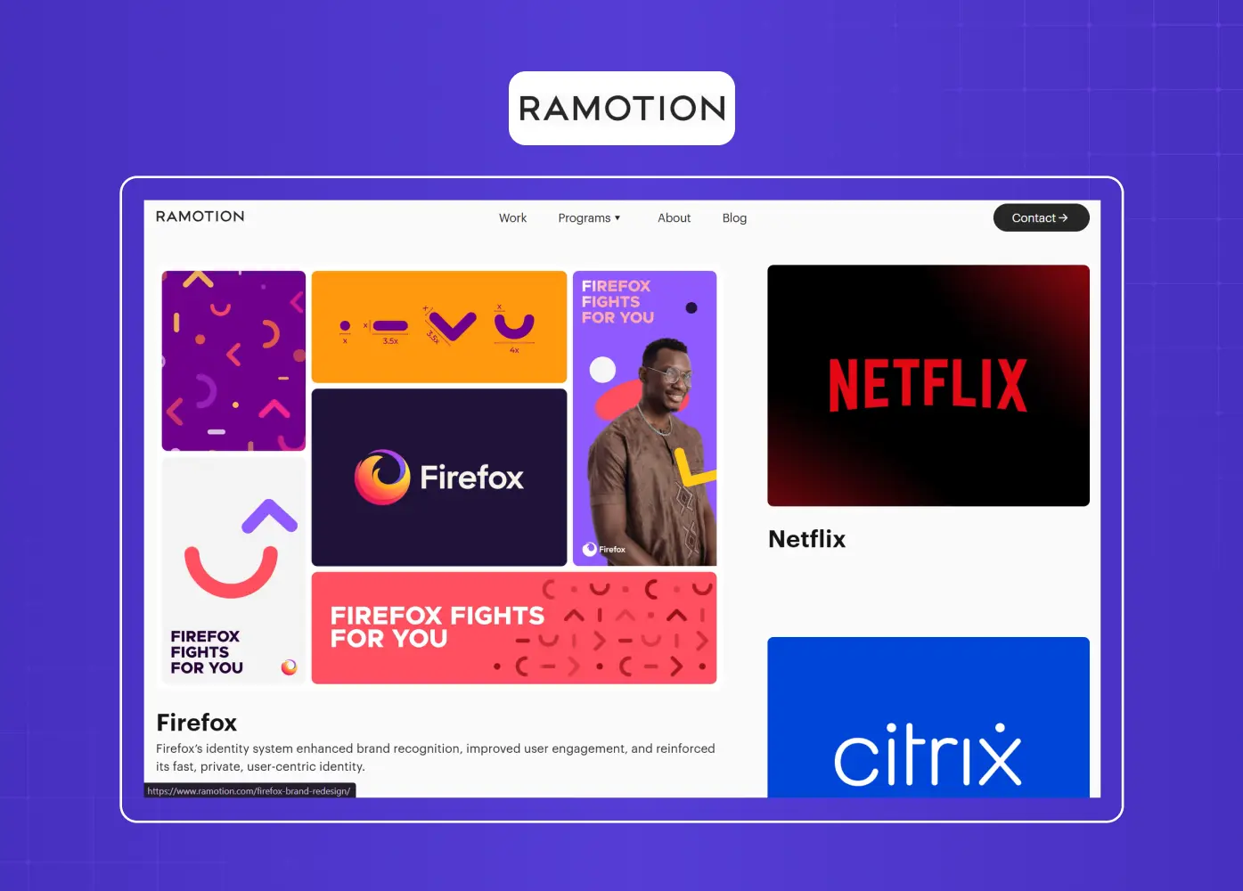 Portfolio grid from Ramotion featuring brand and product work for companies including Firefox, Netflix, and Citrix.