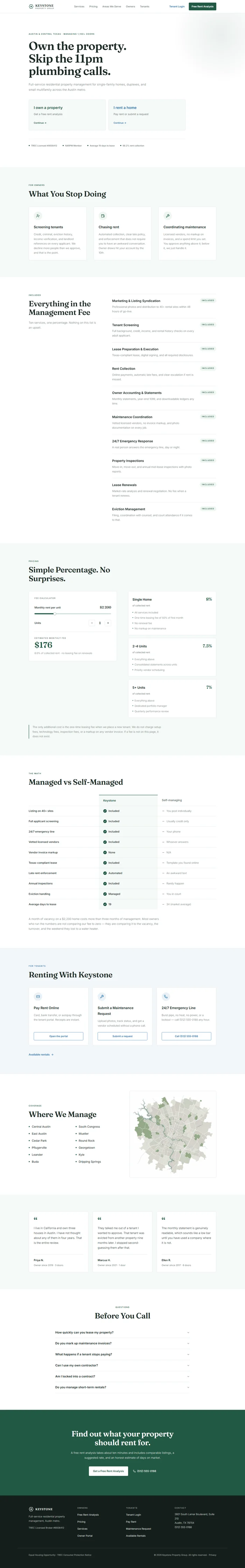 Full property management website design: dual path hero, services, pricing calculator, comparison