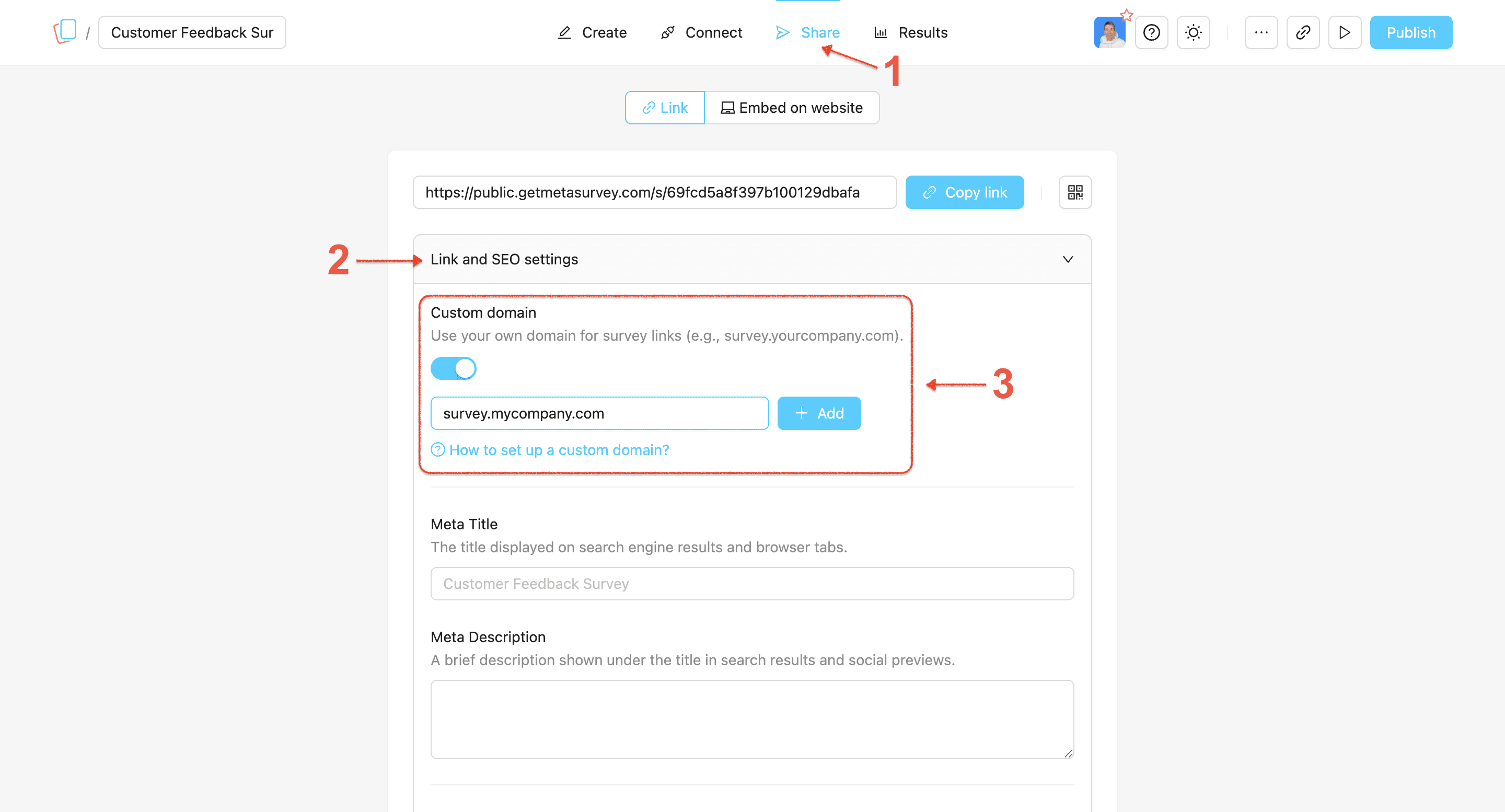 Set up a custom domain in MetaSurvey