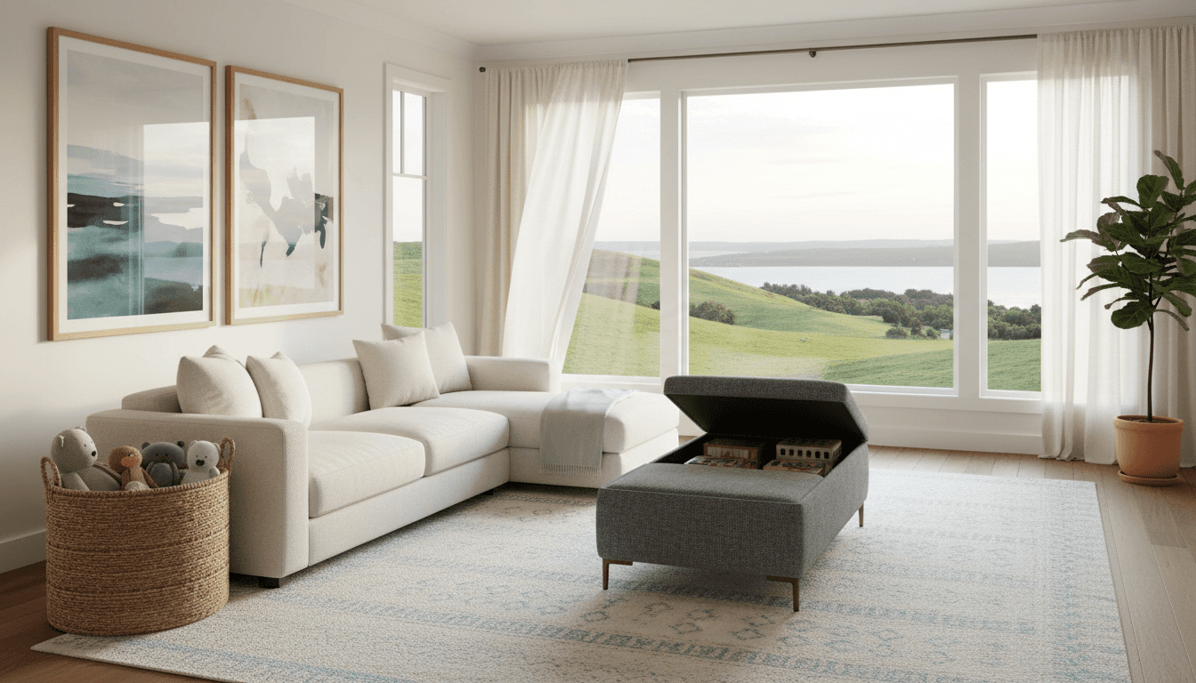 Cozy modern living room featuring a light-colored sectional sofa with plush cushions, stylish gray ottoman with storage, and a woven basket of soft toys, bathed in natural light with a view of rolling green hills and a serene lake.