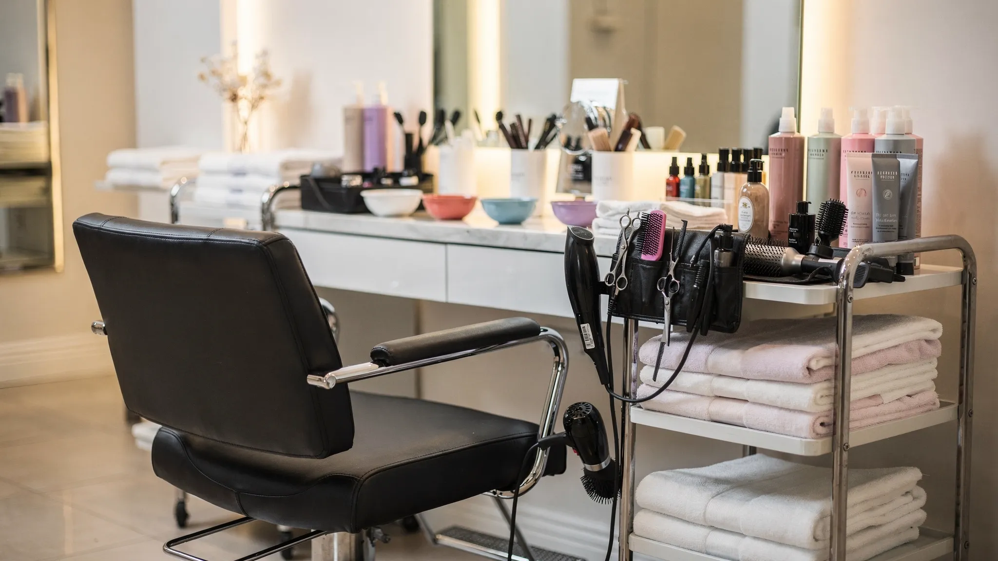 A luxury salon chair with neatly arranged hair tools, conditioning products, color bowls, and soft towels prepared for a personalized beauty service appointment.