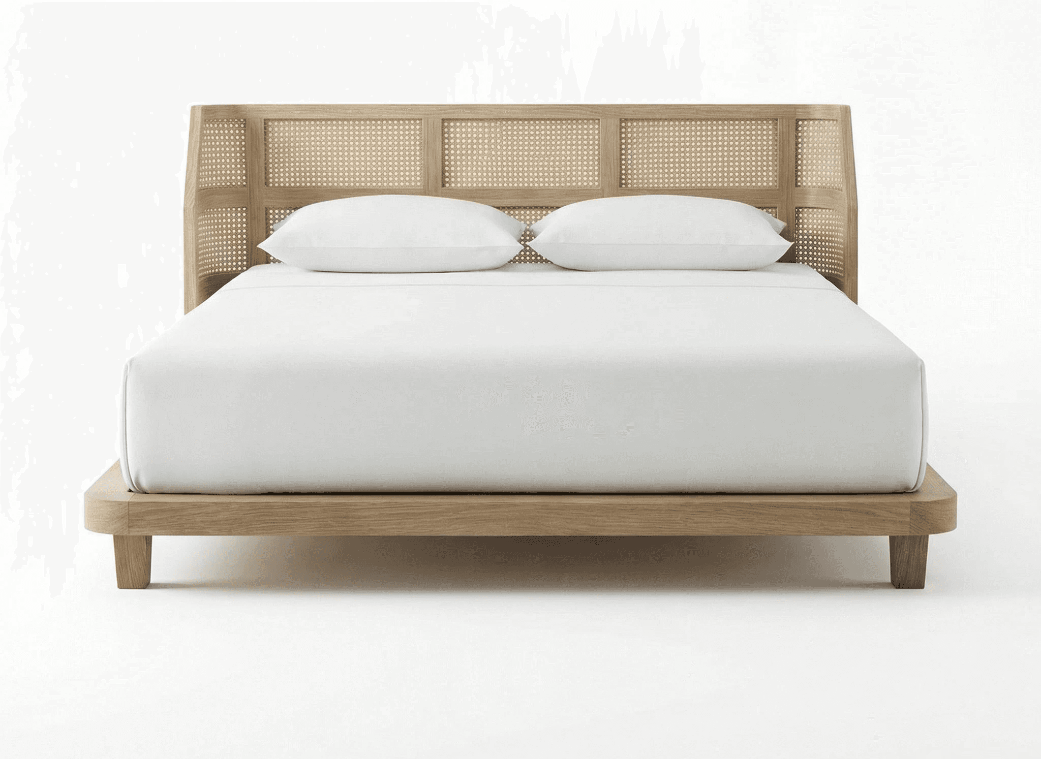 Solid wood bed with slatted headboard, raised frame, and understated construction