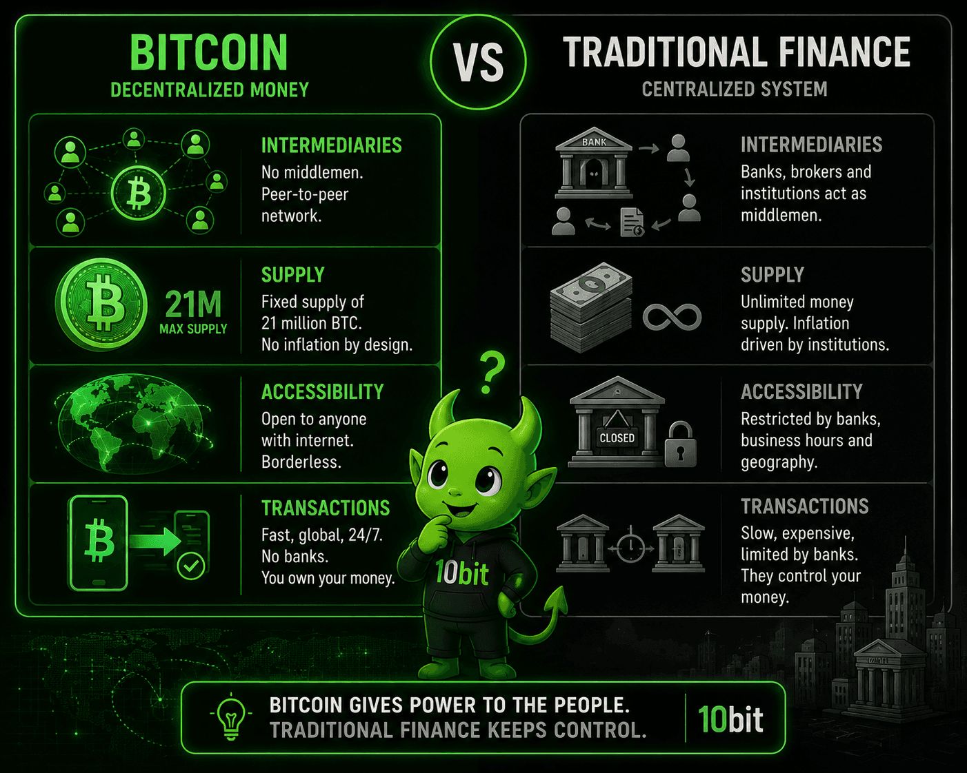 Infographic comparing Bitcoin decentralized money vs traditional finance centralized system across supply transactions and accessibility
