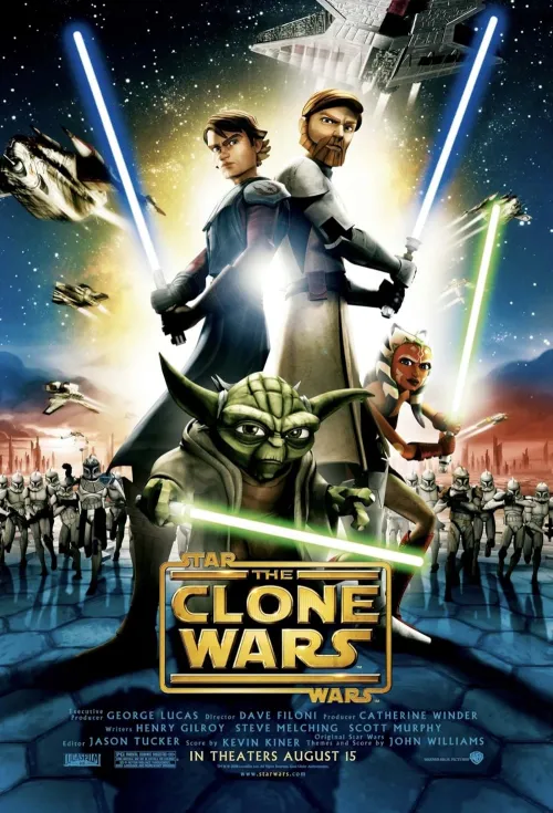 Poster of The Clone Wars film featuring Anakin Skywalker, Obi-Wan Kenobi, Yoda, and Ahsoka Tano