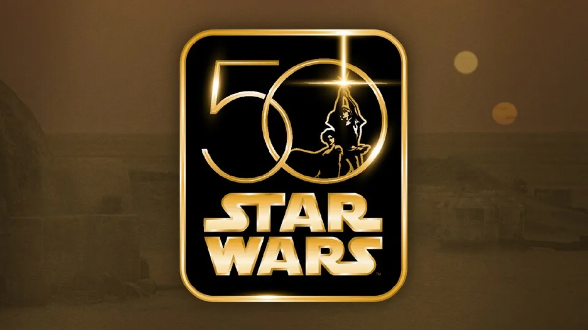 Logo of Star Wars 50th Anniversary over a Tatooine background