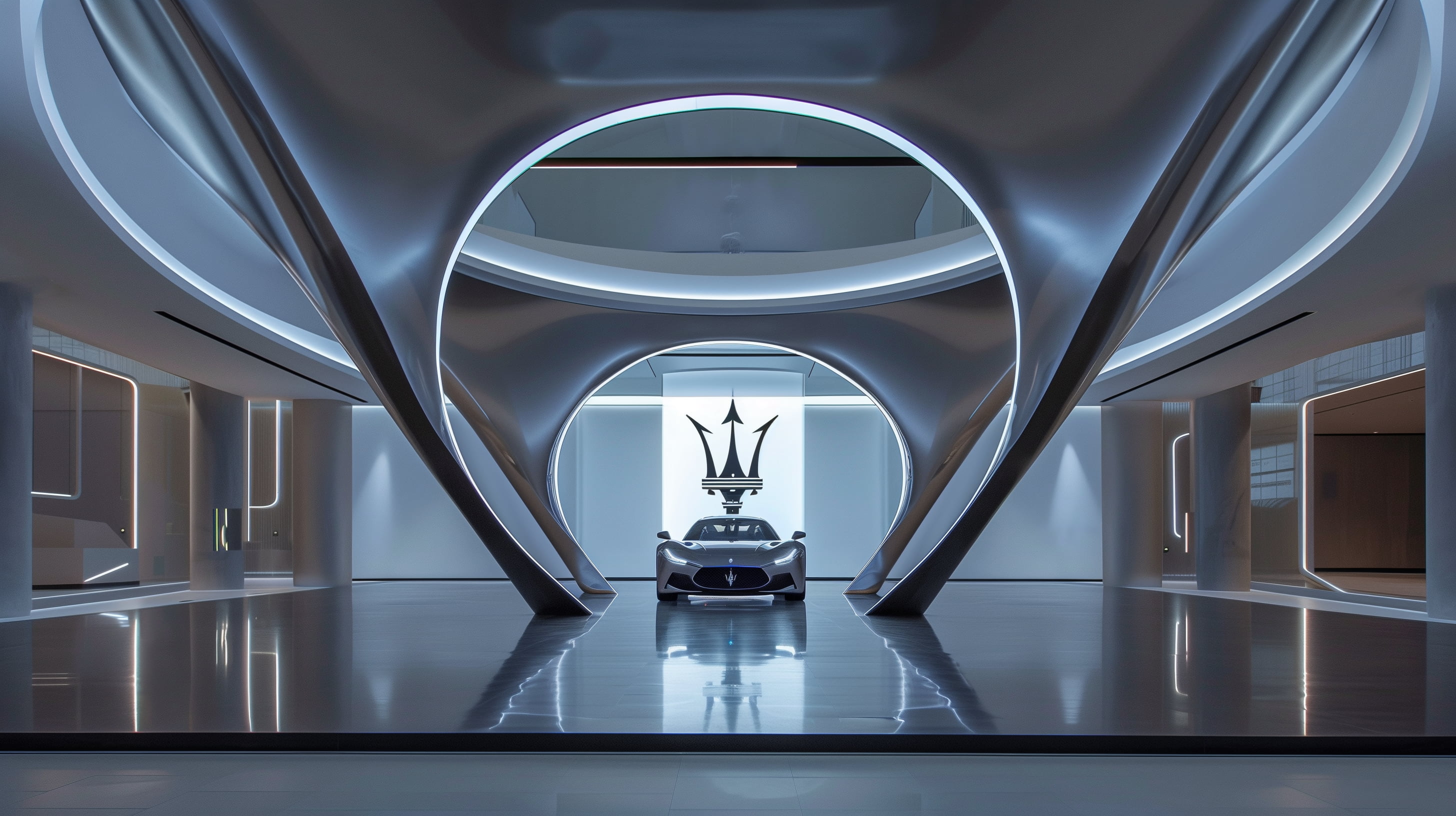 Immersive installation visuals for Maserati by RenaiXance, created with 3D rendering and generative design.