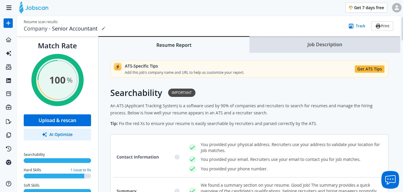 Jobscan resume scan results showing 100 percent match rate