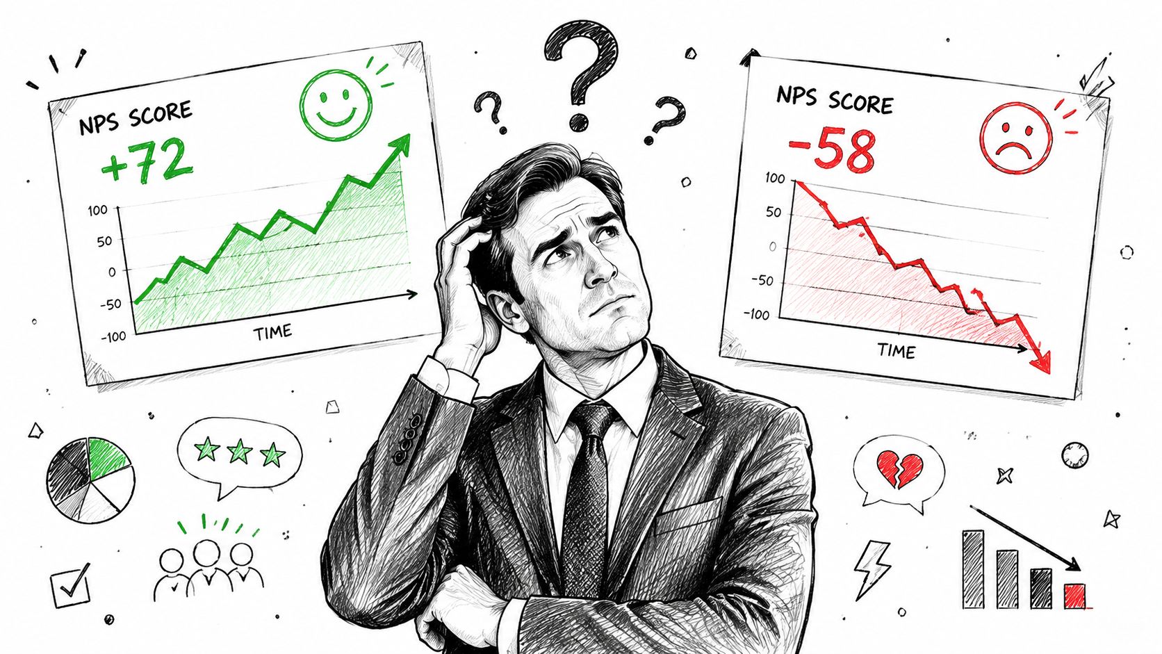 A businessman looking confused between two charts showing positive and negative Net Promoter Score trends.