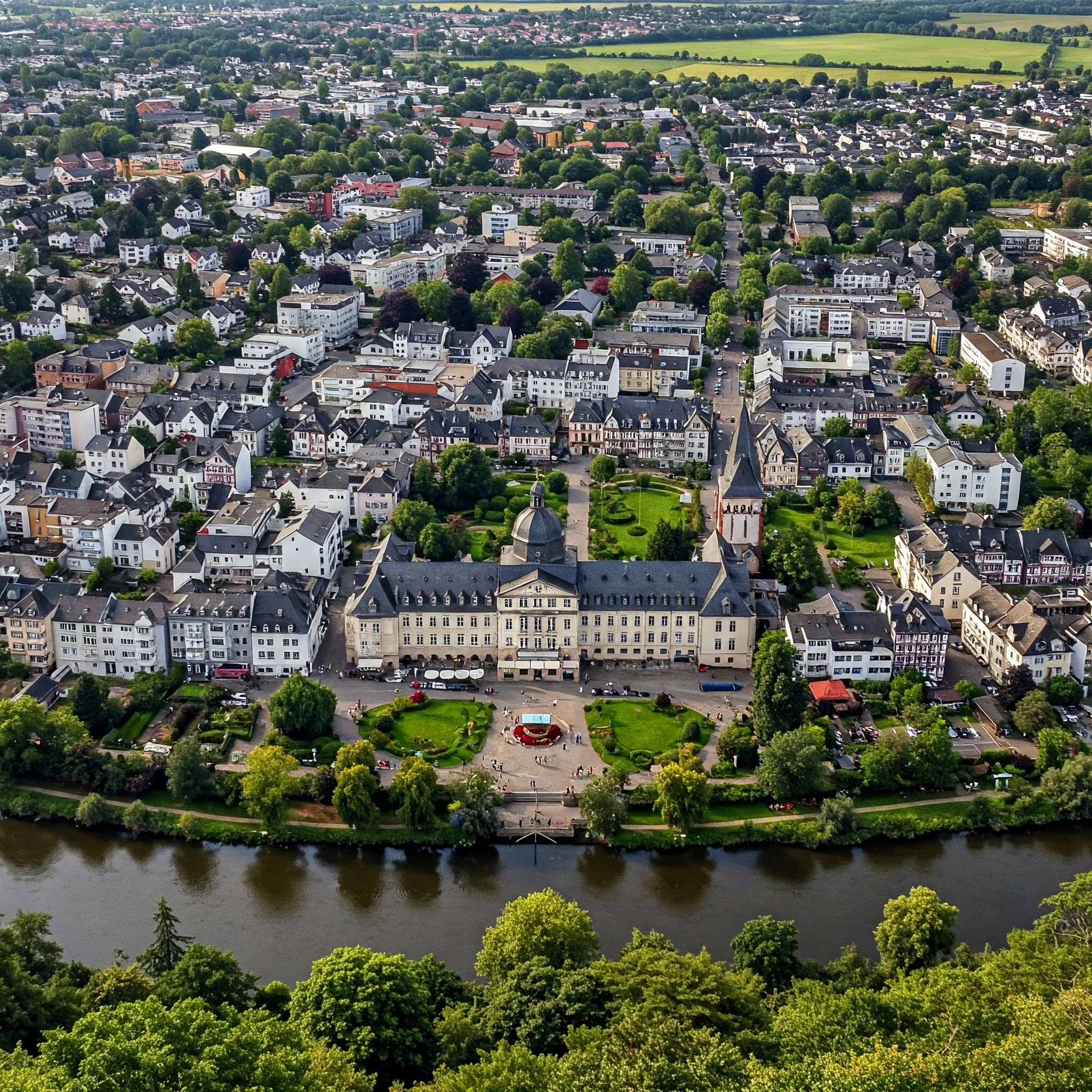 Eine Luftaufnahme von Bad Kreuznach, Deutschland, mit der Stadt und dem Umland.