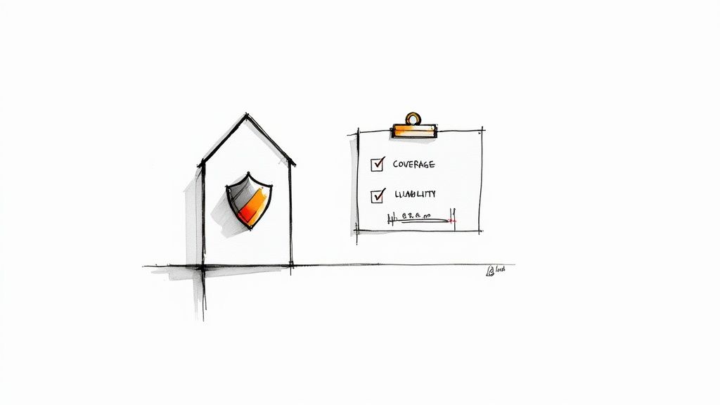 Simple illustration of house with shield icon next to clipboard showing coverage and liability checklist