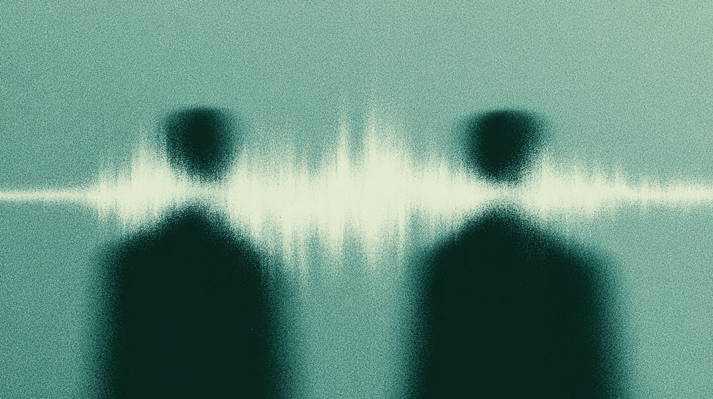 Two dark, grainy silhouettes of human figures are bisected by a glowing white horizontal sound waveform against a textured teal background.