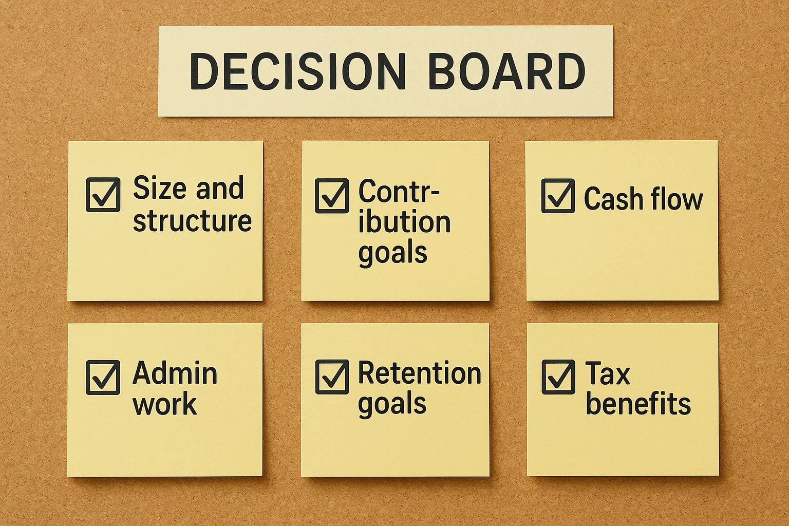Decision board with sticky notes showing factors like size, structure, contribution goals, cash flow, admin tasks, retention goals, and tax benefits, arranged like a checklist.
