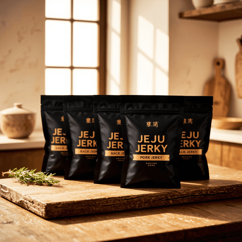 product photography of a box of Jeju black pork jerky
