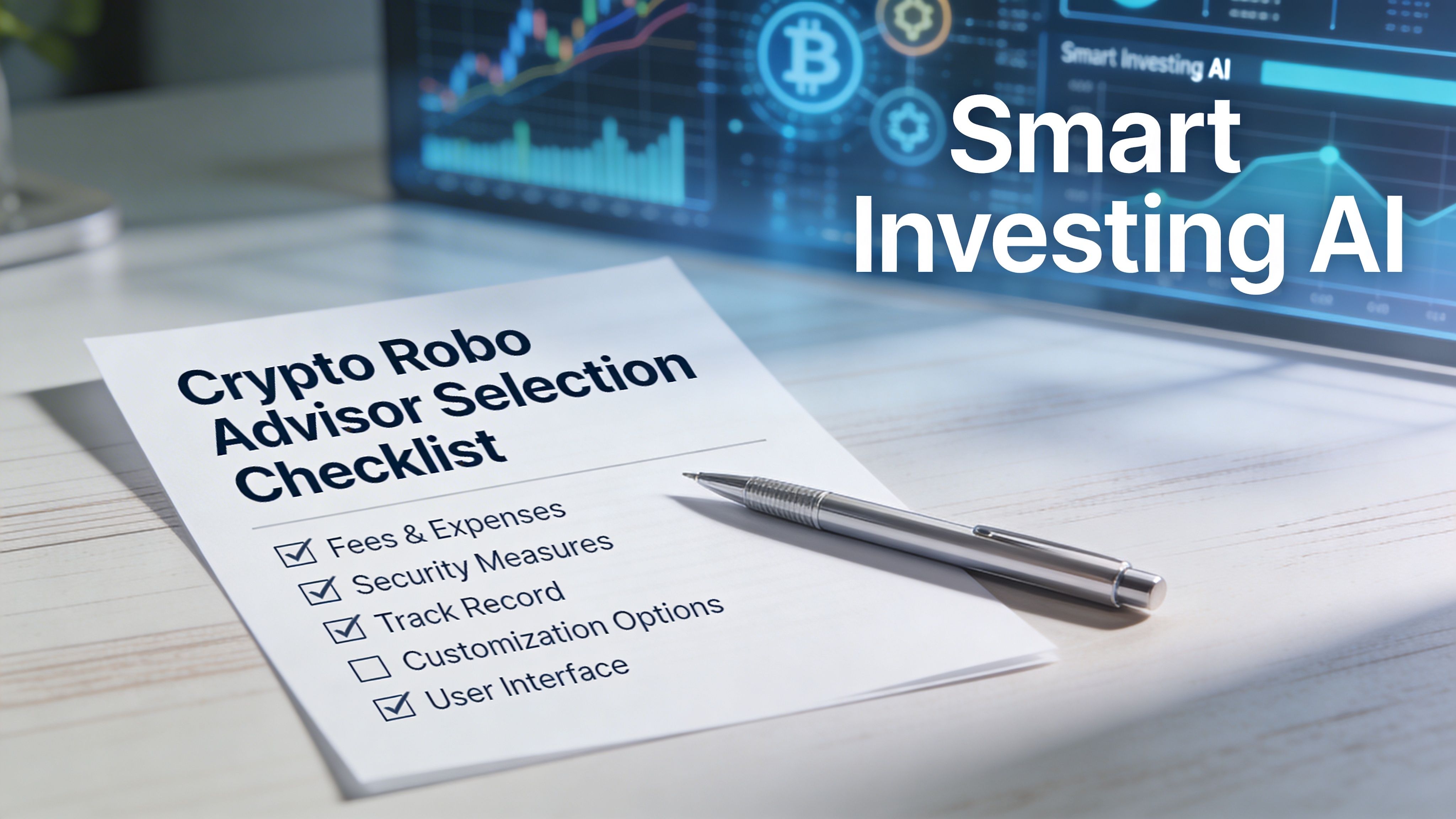 A checklist for selecting a crypto robo advisor on a desk next to a digital screen.