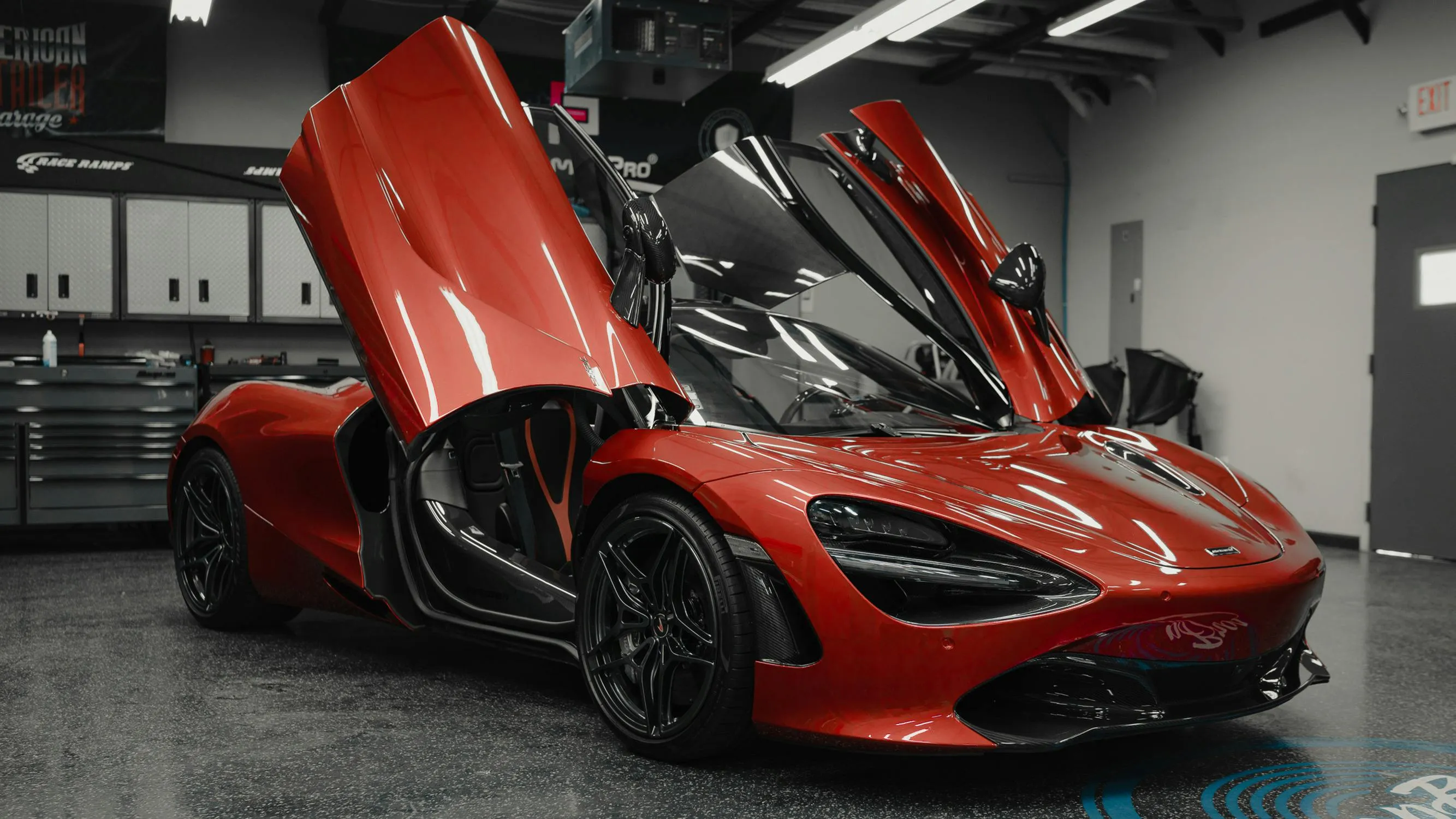 Red supercar in showroom