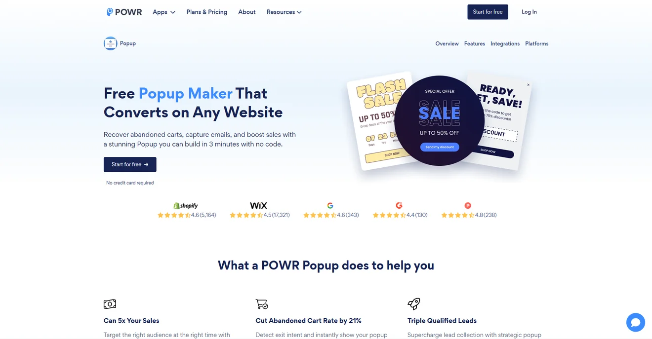 POWR popup builder homepage showing discount popup templates for email capture, cart recovery, and sales promotions