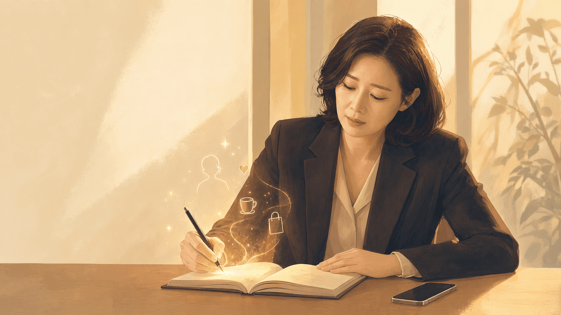 보험 설계사가 고객 상담 내용을 노트에 기록하는 모습을 표현한 일러스트