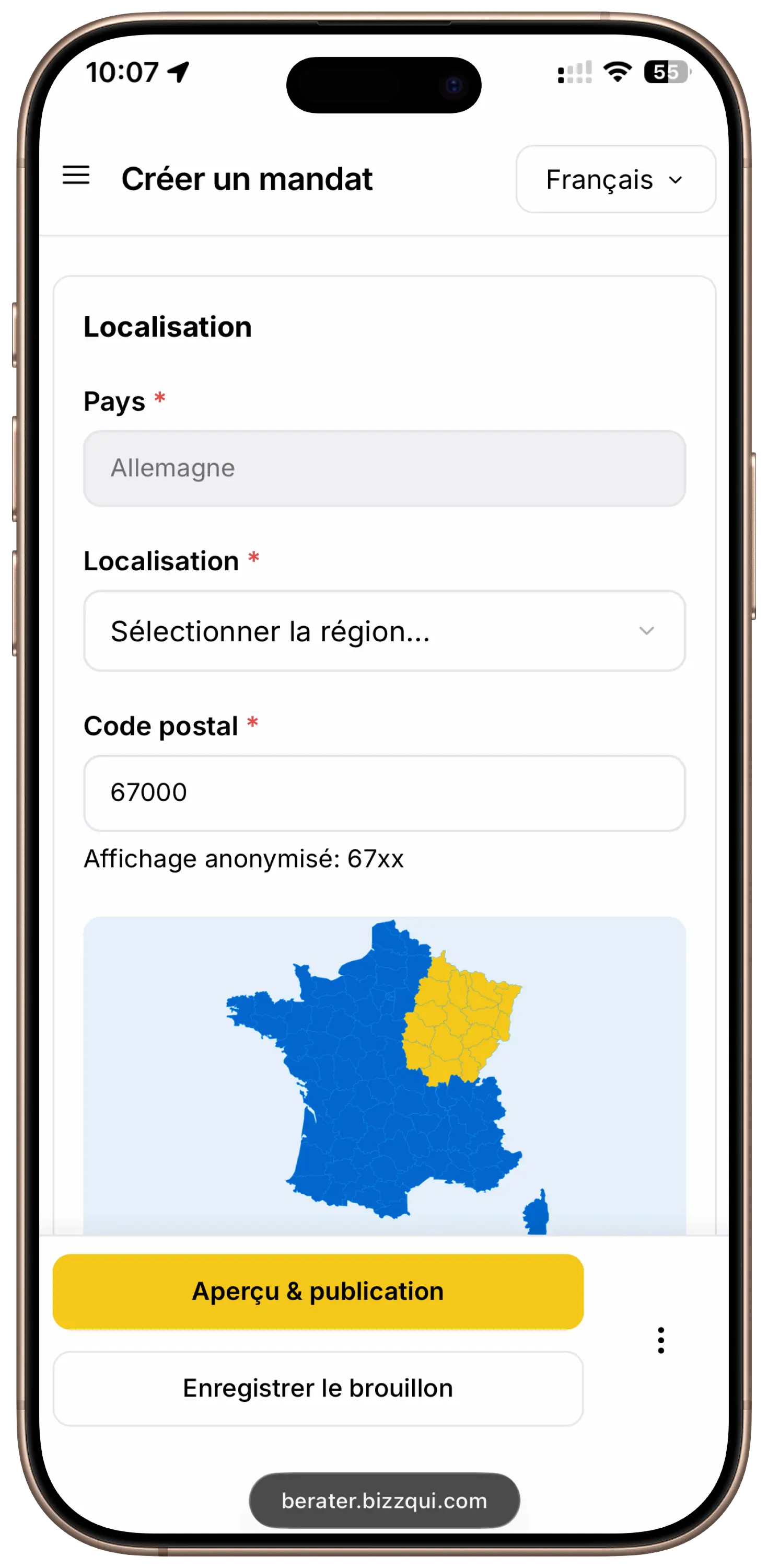 Portail conseillers BIZZqui sur smartphone : gérer les mandats de transmission en mobilité et atteindre des acheteurs pour les cessions d'activité en déplacement