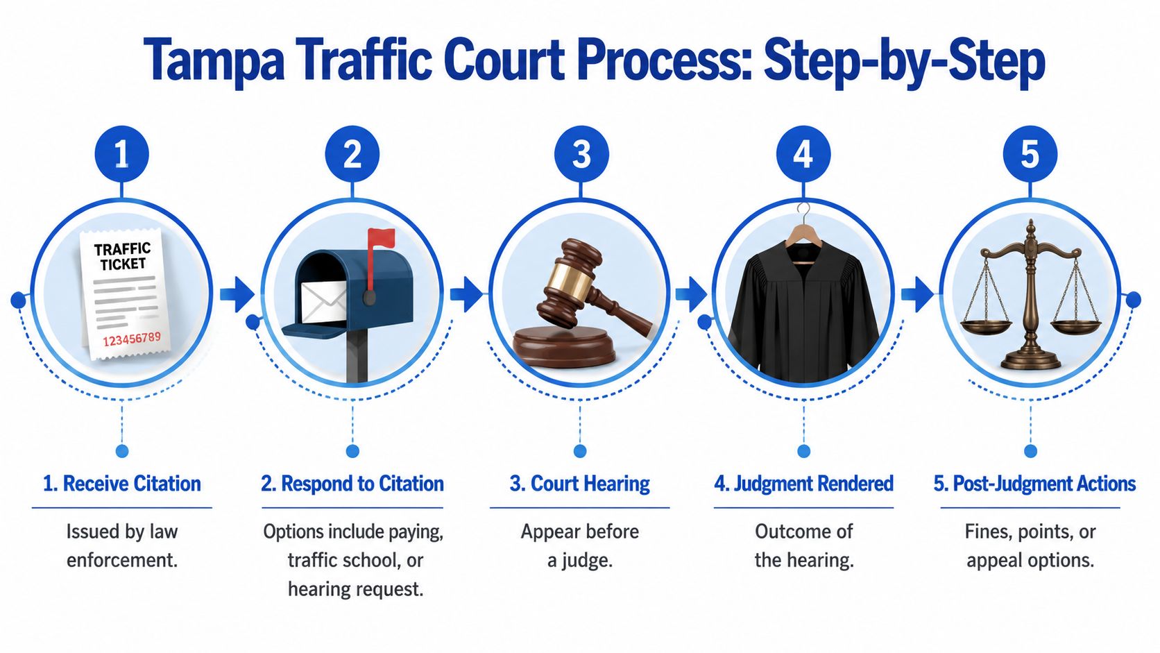 A five-step infographic illustrating the Tampa traffic court process from receiving a citation to post-judgment actions.