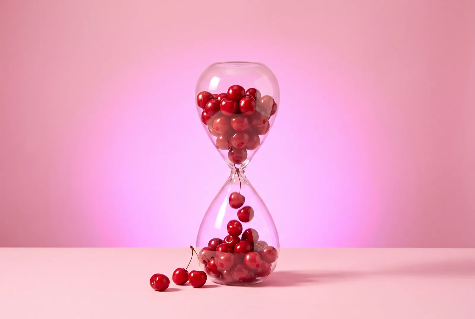 First 72 hours after a relapse and the chaser effect: a glass hourglass filled with glossy red cherries on a pastel pink backdrop