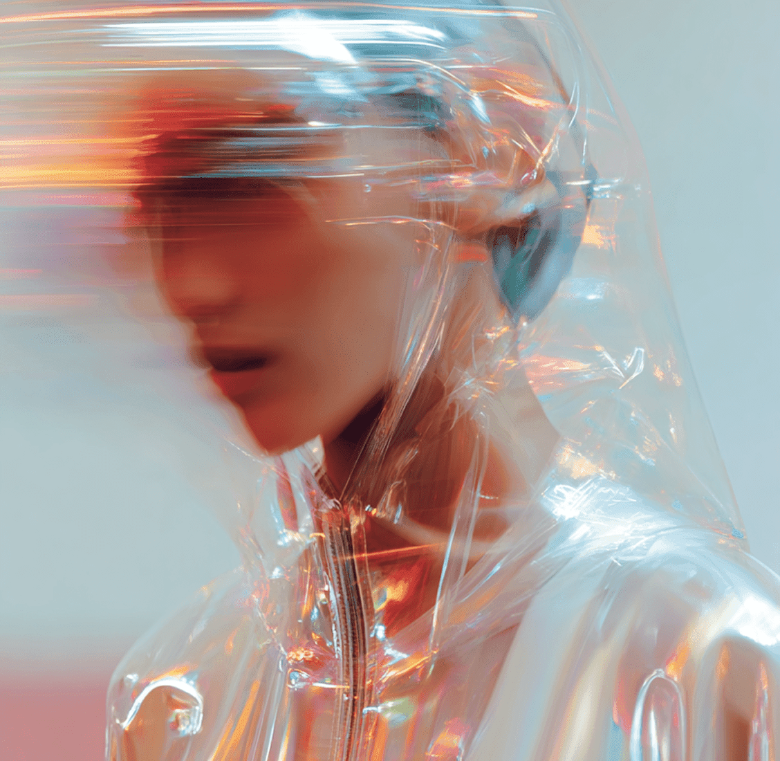 A woman wearing a shiny coat stands in focus, while a blurred background creates a sense of movement.