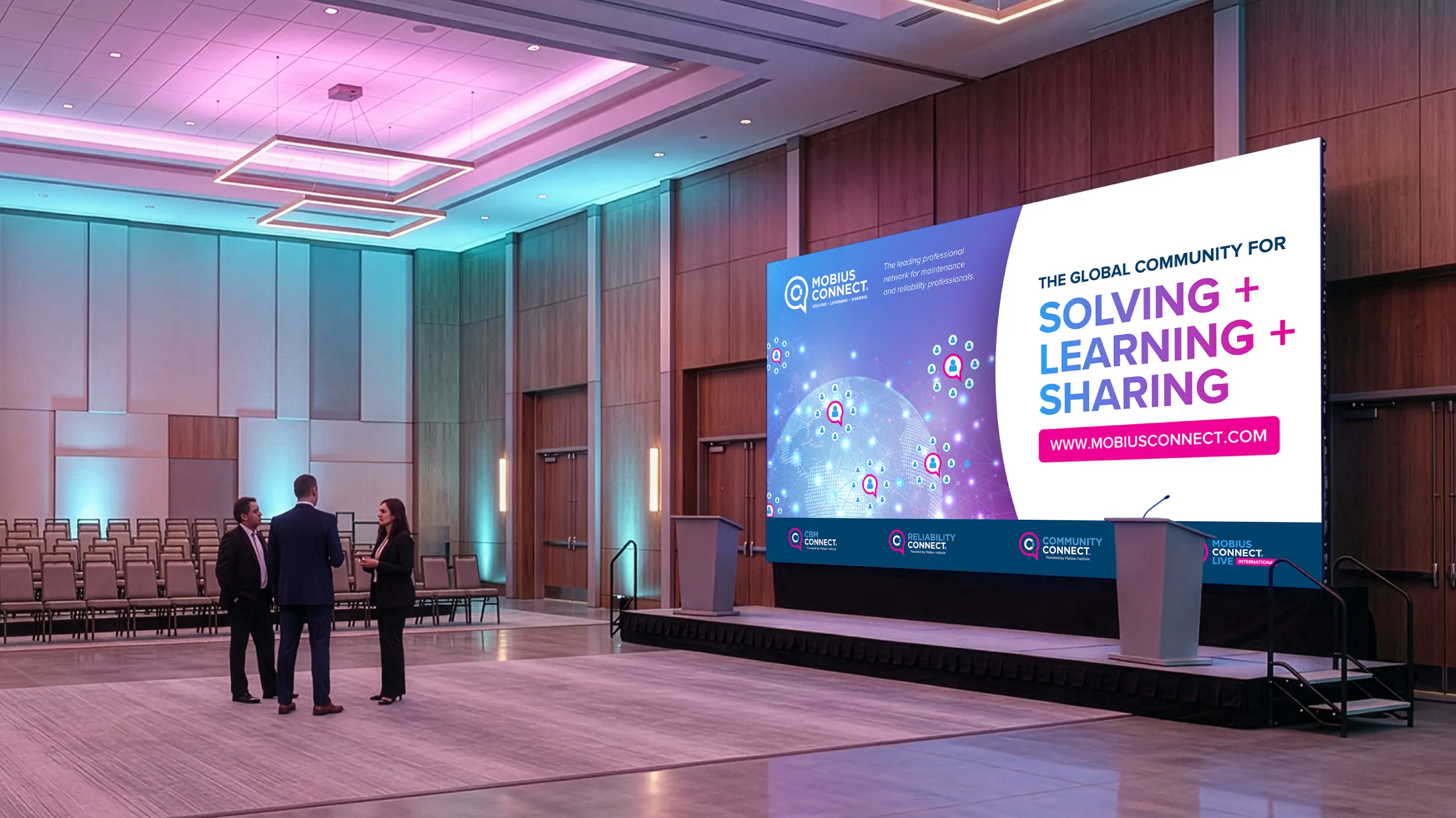 Conference room screen displaying Mobius Connect presentation design