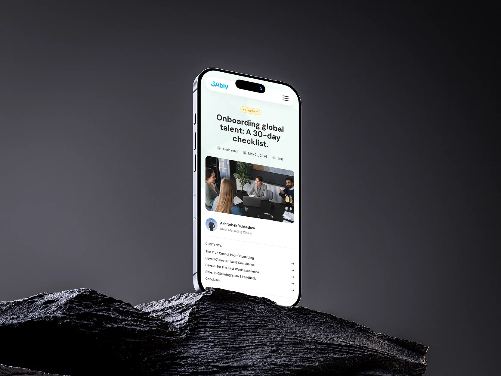 Jably mobile UI design — onboarding screen for global talent checklist, dark cinematic mockup on iPhone
