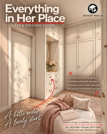 Concept cover of a compact dressing room with paneled wardrobe doors, a mirror recess and drawers.