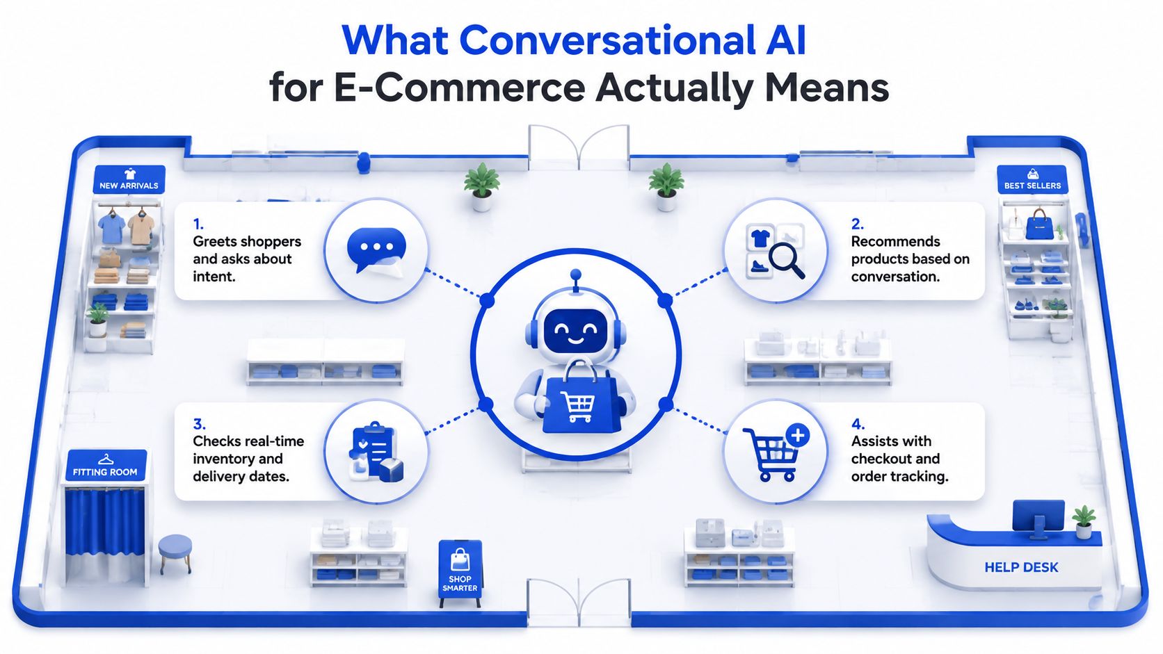 A diagram illustrating the four key functions of conversational AI in an e-commerce retail store environment.