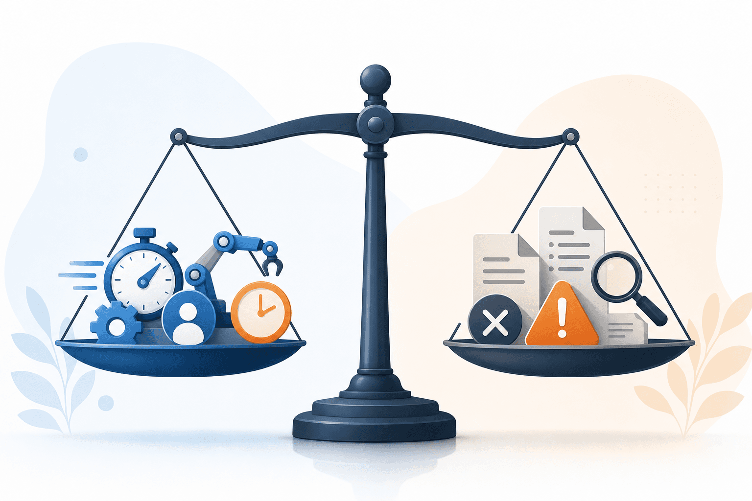 A clean, modern illustration showing a balanced scale or comparison concept for evaluating job search tools. Display abstract representations of benefits on one side (like speed, automation symbols, time-saving elements) and drawbacks on the other side (like generic documents, error symbols, quality concerns). Use a professional color palette with blues, oranges, and neutral tones. The style should be minimalist and business-focused, representing the concept of weighing pros and cons in a decision-making process. No text or words in the image.