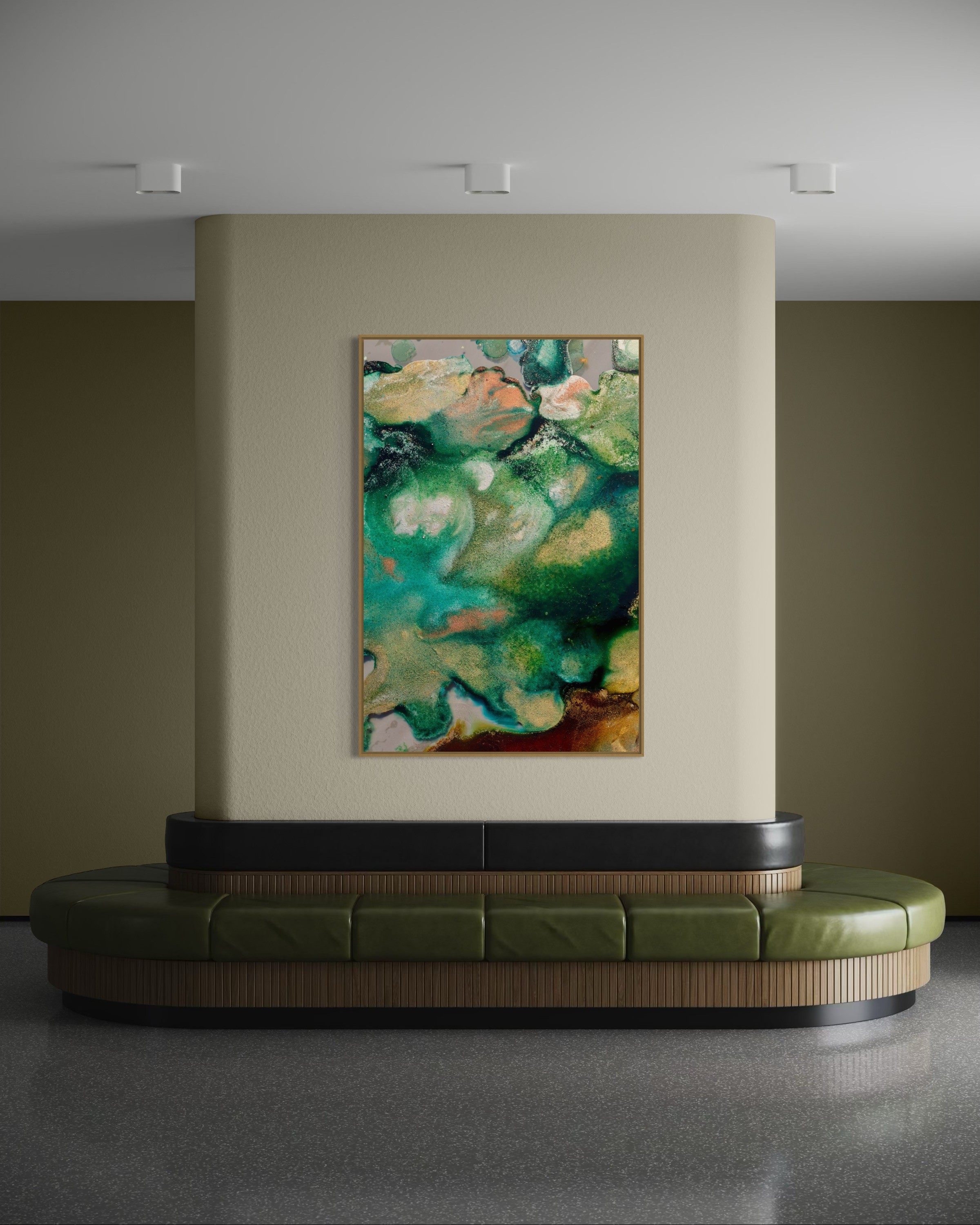 A plaster hand sculpture in focus while two people chat in the background