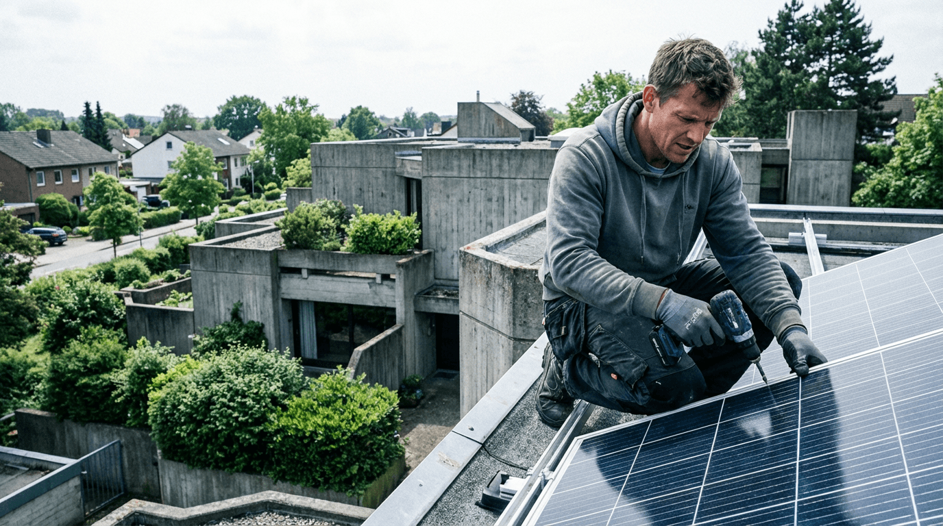 A technician installing solar panels on a roof after upselling homeowner on additional panels