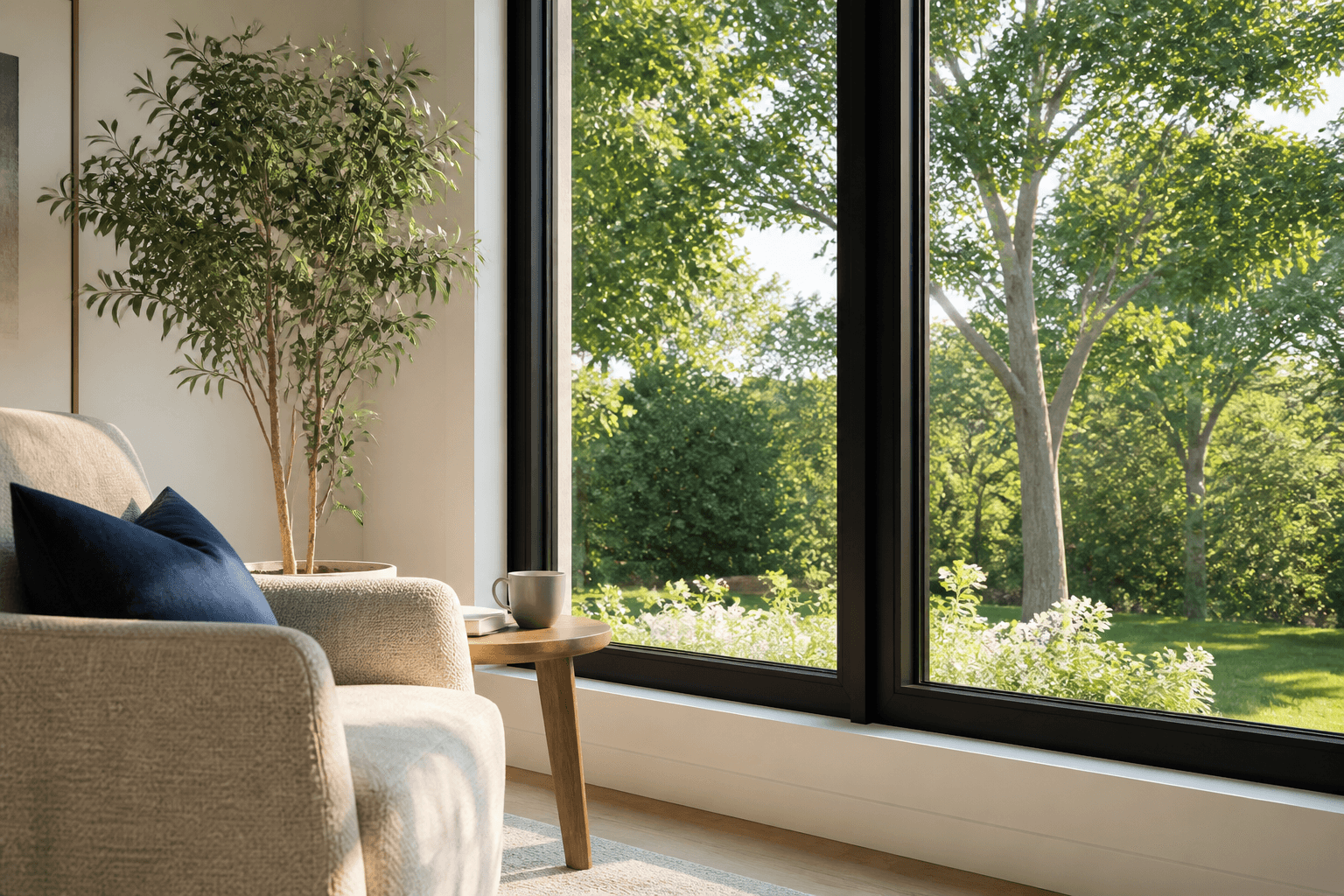 Low-E window glass reflecting summer solar heat while allowing natural daylight into the home.