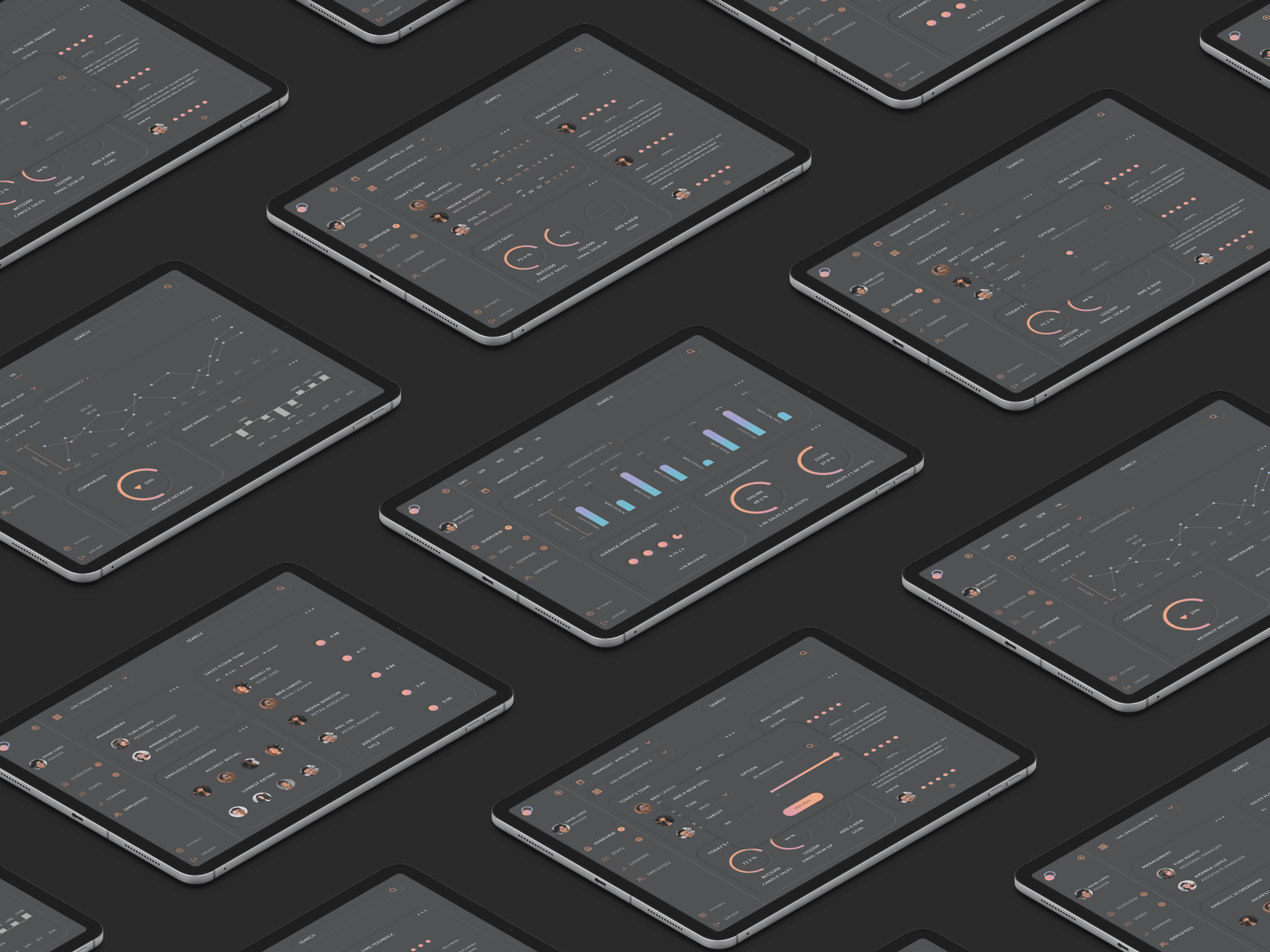Ipads screens showing the different tabs of the easydesk app