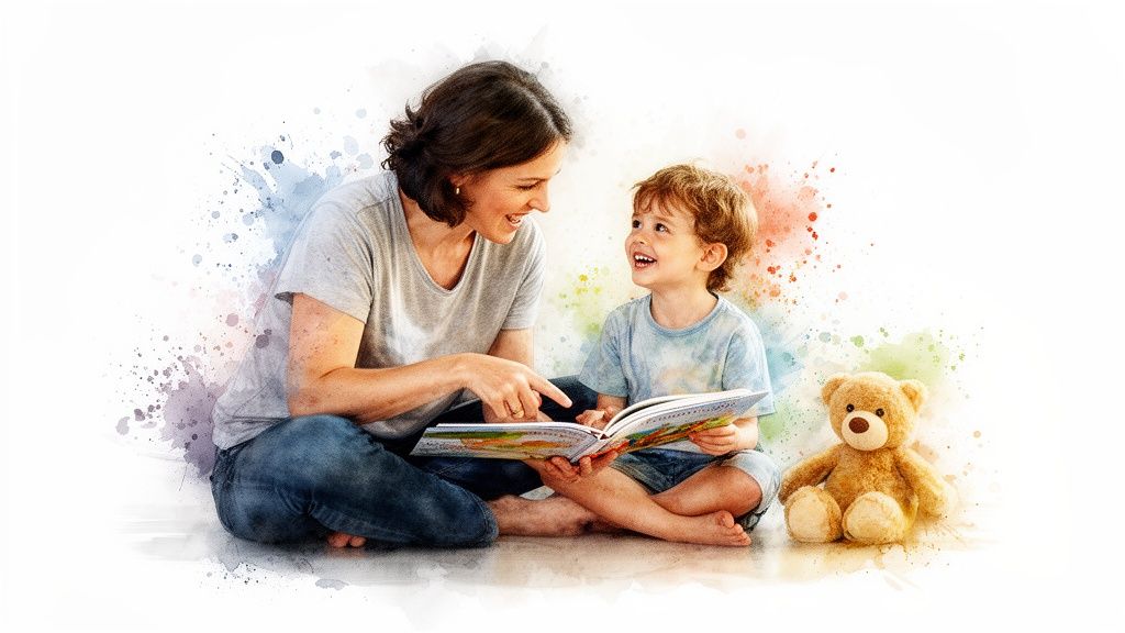 A happy mother and child sit on the floor, reading a colorful book with a teddy bear, fostering early literacy.