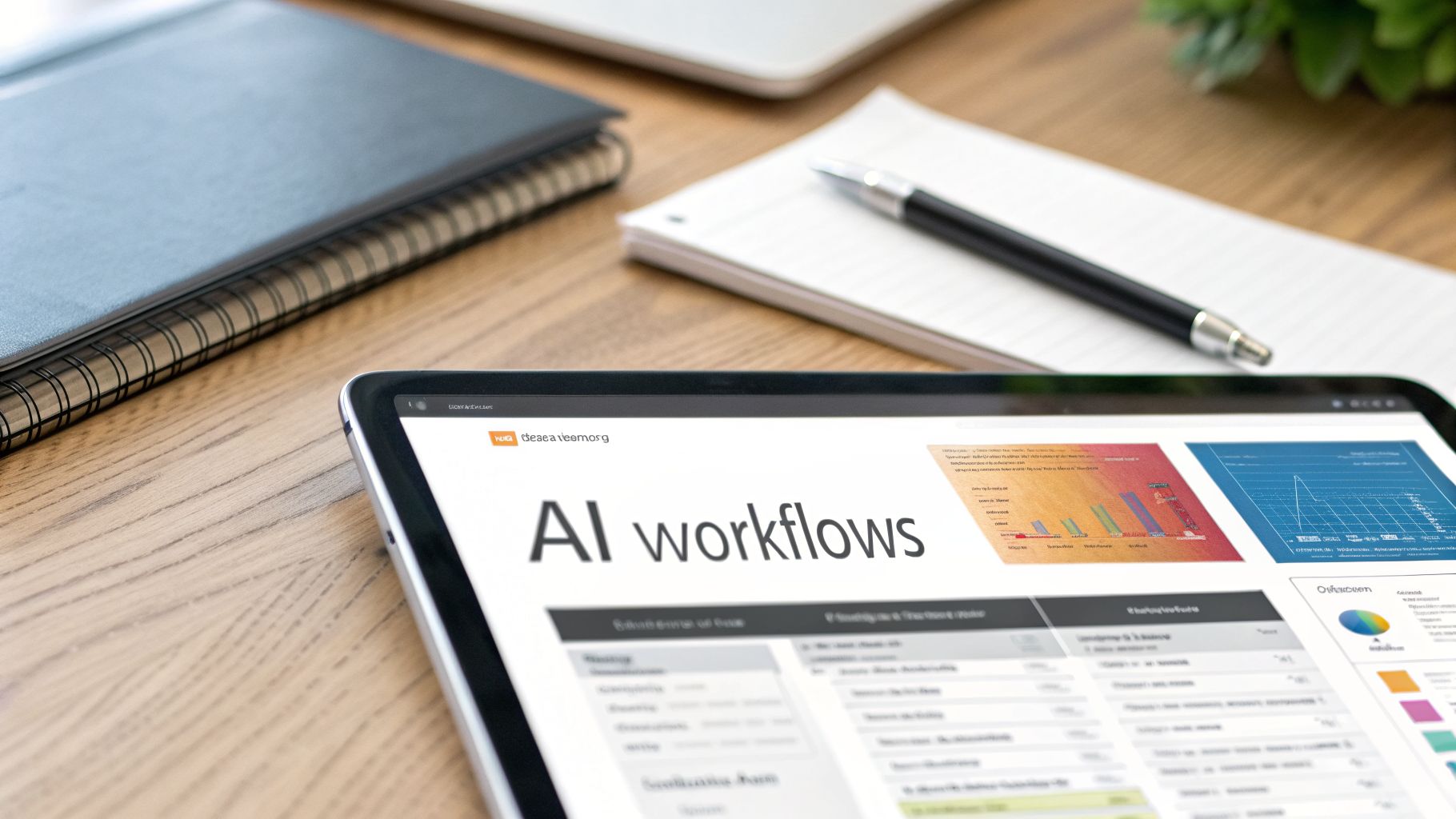 A tablet displaying 'AI workflows' software and data charts on a wooden desk with notebooks and a pen.