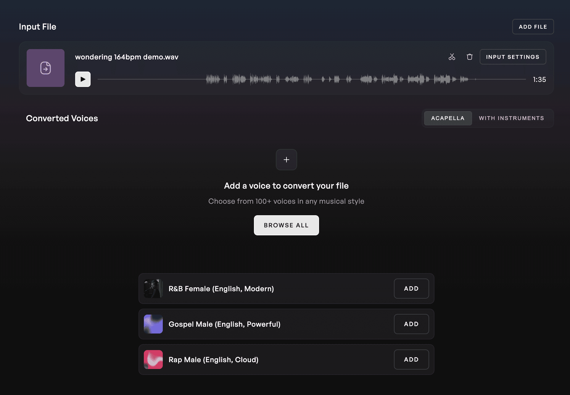 Open conversion page with an audio file uploaded