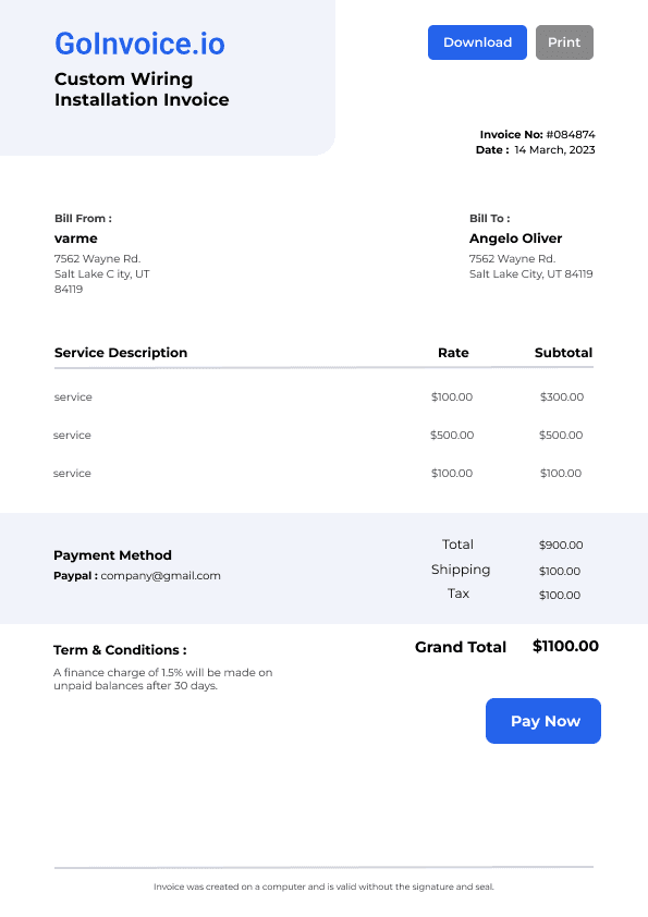 Custom Wiring Installation Invoice