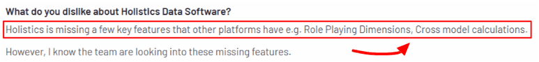 Holistics.io user review mentioning missing advanced modeling features