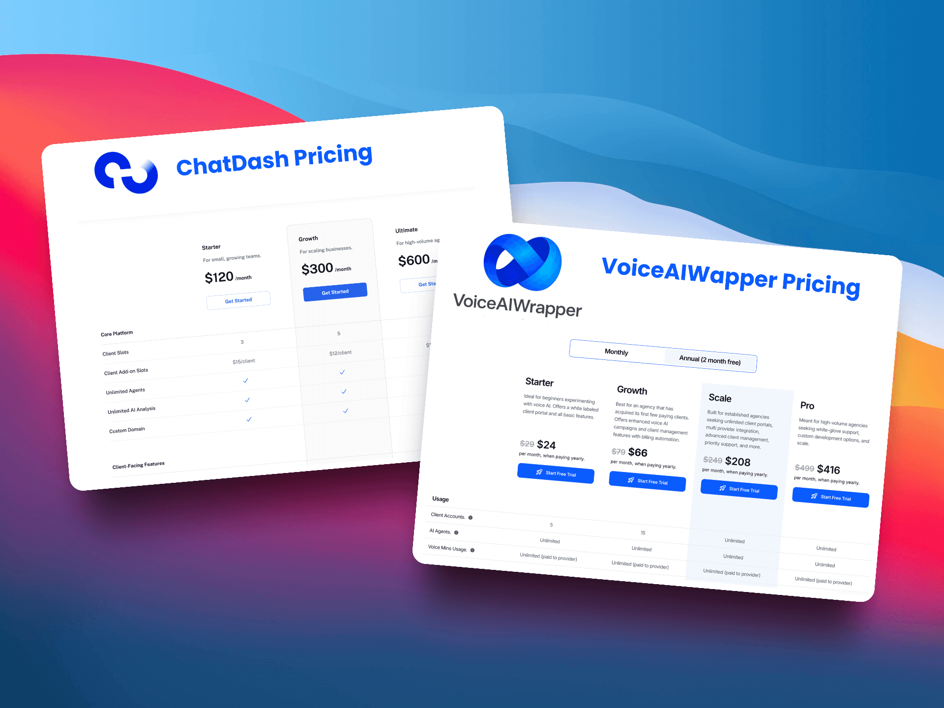 ChatDash alternative - VoiceAIWrapper offers better value for money with pricing starting at $29/month vs ChatDash's $120/month, featuring unlimited clients and comparable features | VoiceAIWrapper