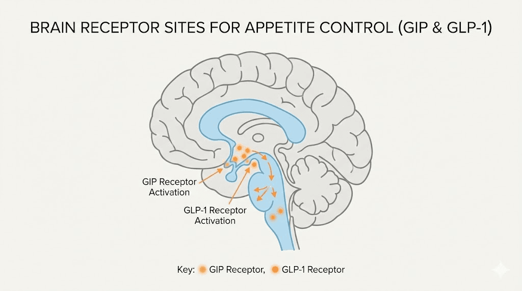 GIP GLP-1 receptor activation in brain appetite suppression mechanism