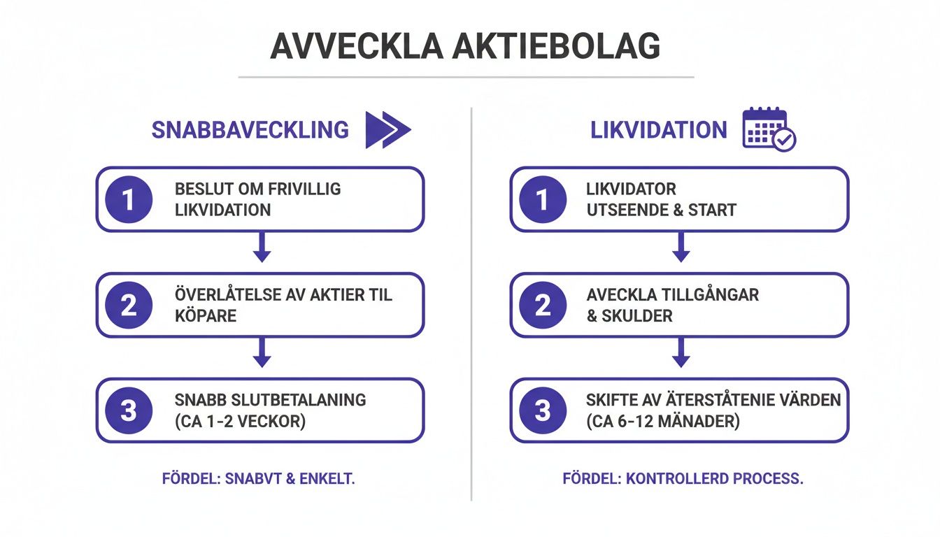 Flödesschema som visar två metoder för att avveckla ett aktiebolag: snabbavveckling och likvidation.