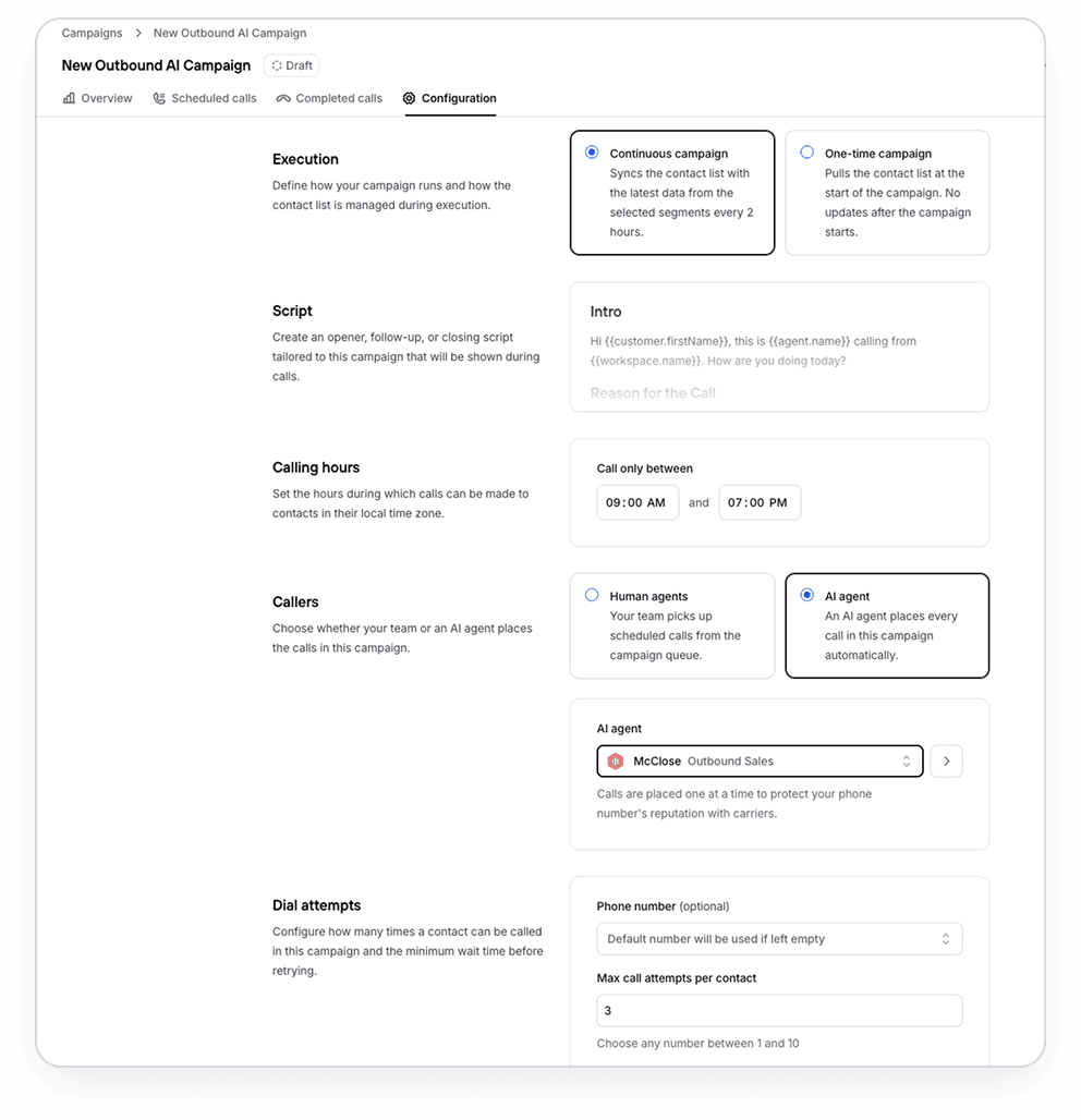 Consio's call transcript view showing a full conversation between an AI voice agent and a customer asking questions about insulated bottles before placing an order, with a call recording and timestamped dialogue.