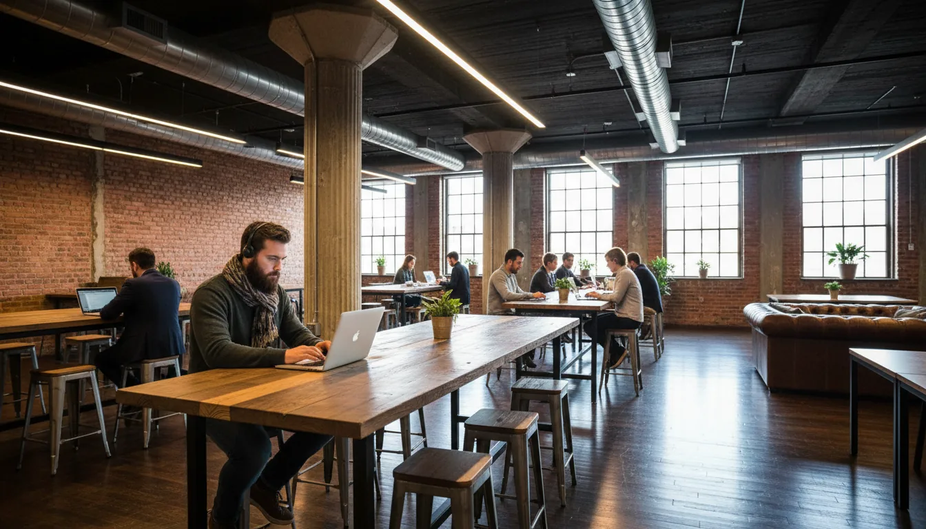 DSLR photograph of a busy, industrial-style coworking space. A bearded man with wireless earbuds and a scarf sits in the foreground, focused on his laptop at a long communal table made of thick, rustic wood. The space features exposed red brick walls, large concrete pillars, and a dark ceiling with visible ductwork. The floor is polished dark hardwood. Natural daylight streams in from large windows in the background, mixing with warm overhead linear lighting. Other professionals are working on laptops at the table, creating a productive atmosphere with a shallow depth of field. Metal industrial stools and a tufted leather sofa complete the decor.