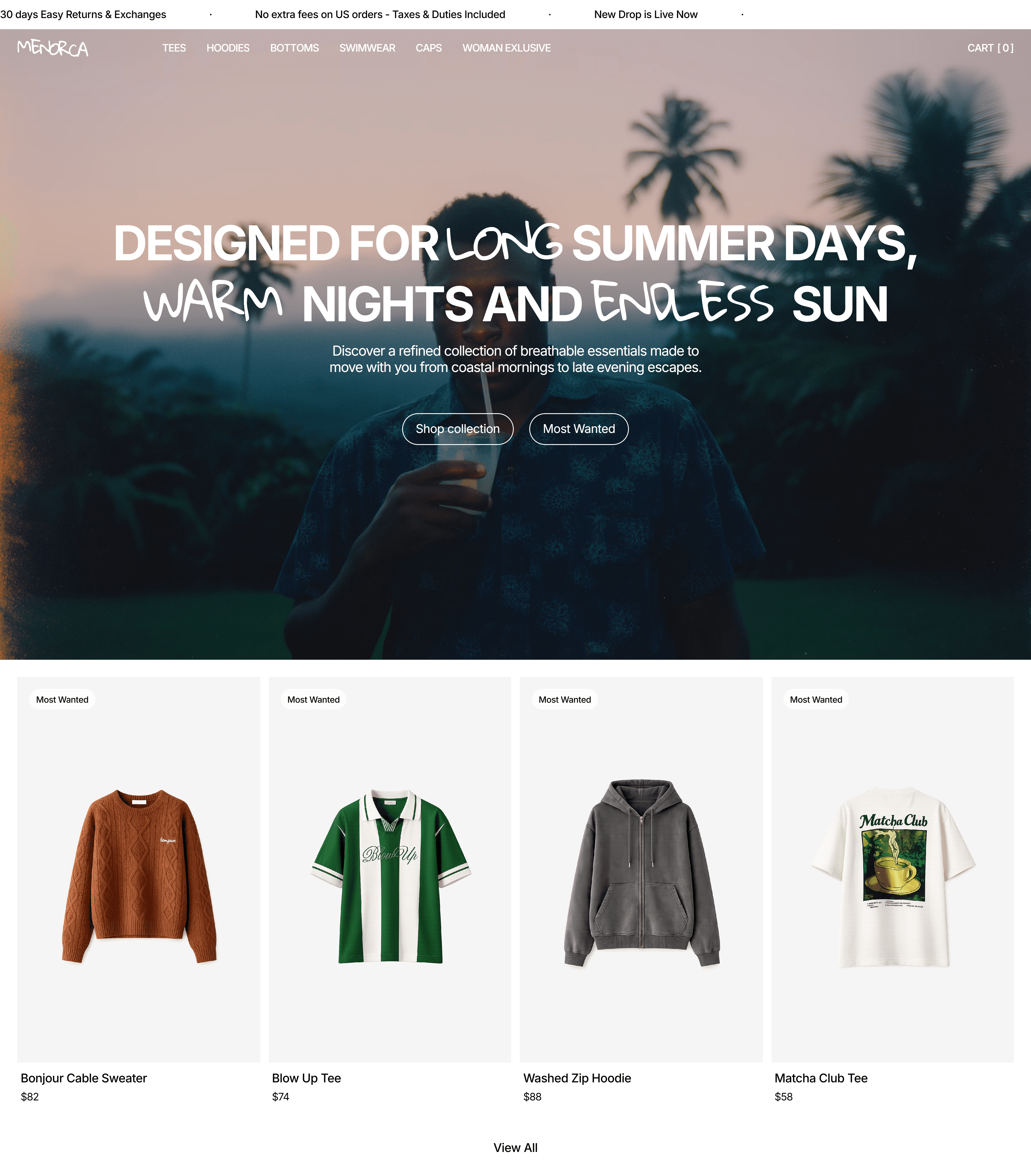 Menorca clothing homepage with hero banner of a man holding a drink at sunset, tropical palms, and "Shop collection" button.