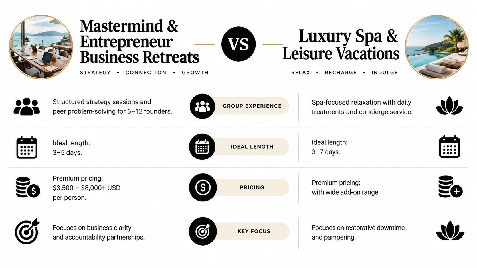 A comparison table between Mastermind and Entrepreneur Business Retreats versus Luxury Spa and Leisure Vacations offerings.