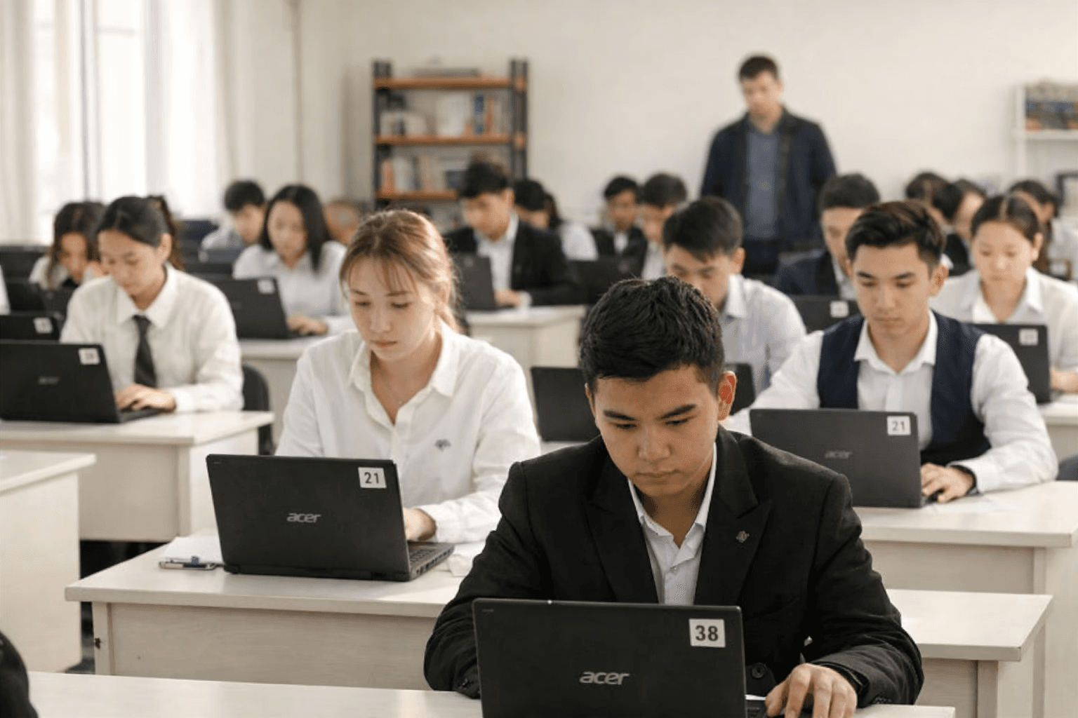Participants using computers in an examination room
